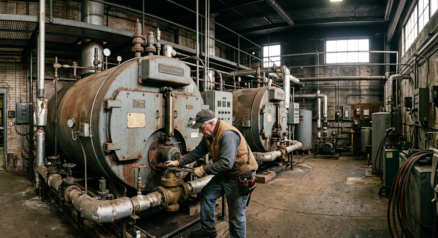 Commercial boiler equipment in an industrial facility room