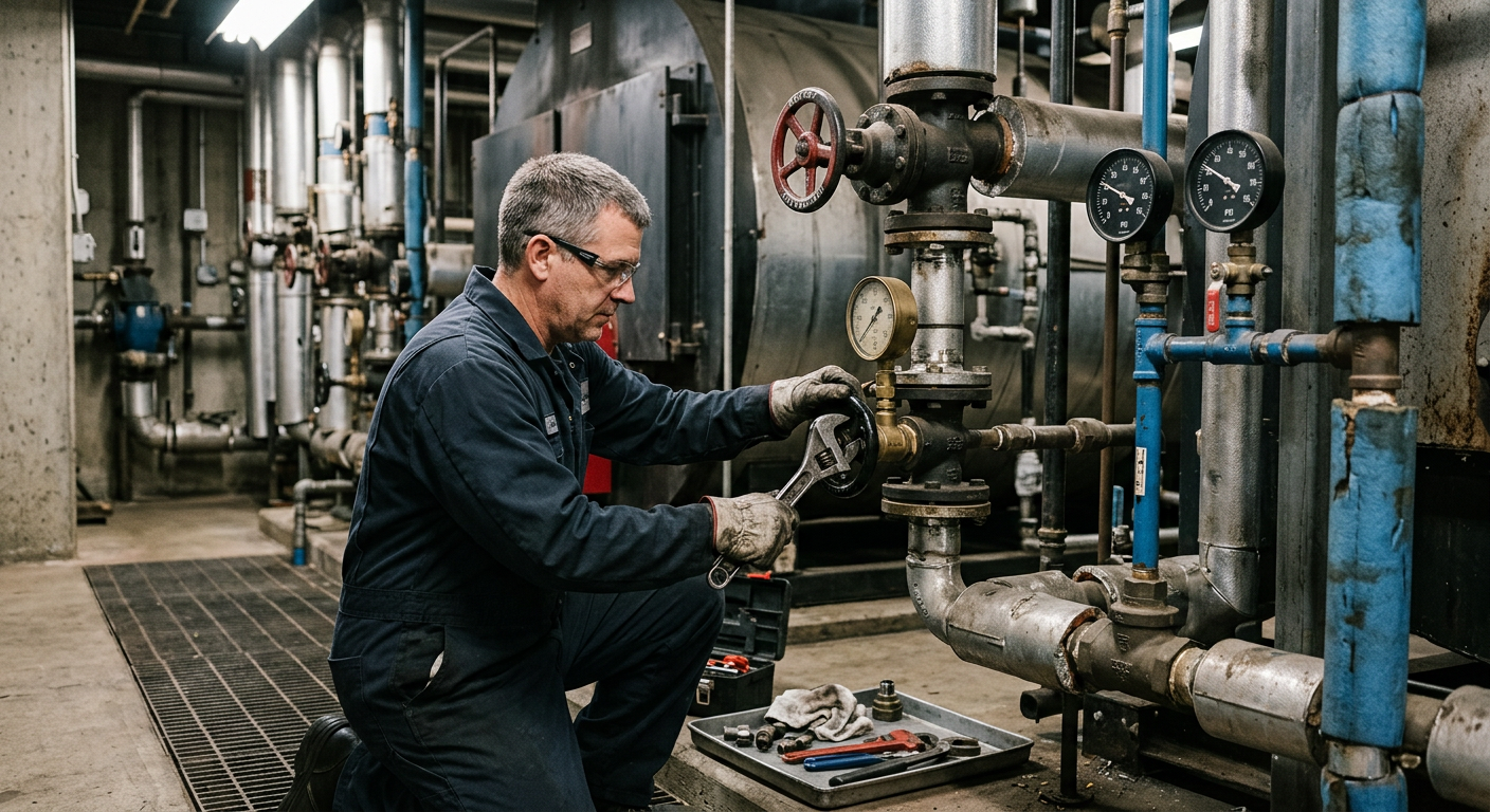 Industrial boiler valves gauges and service tools in a clean mechanical room