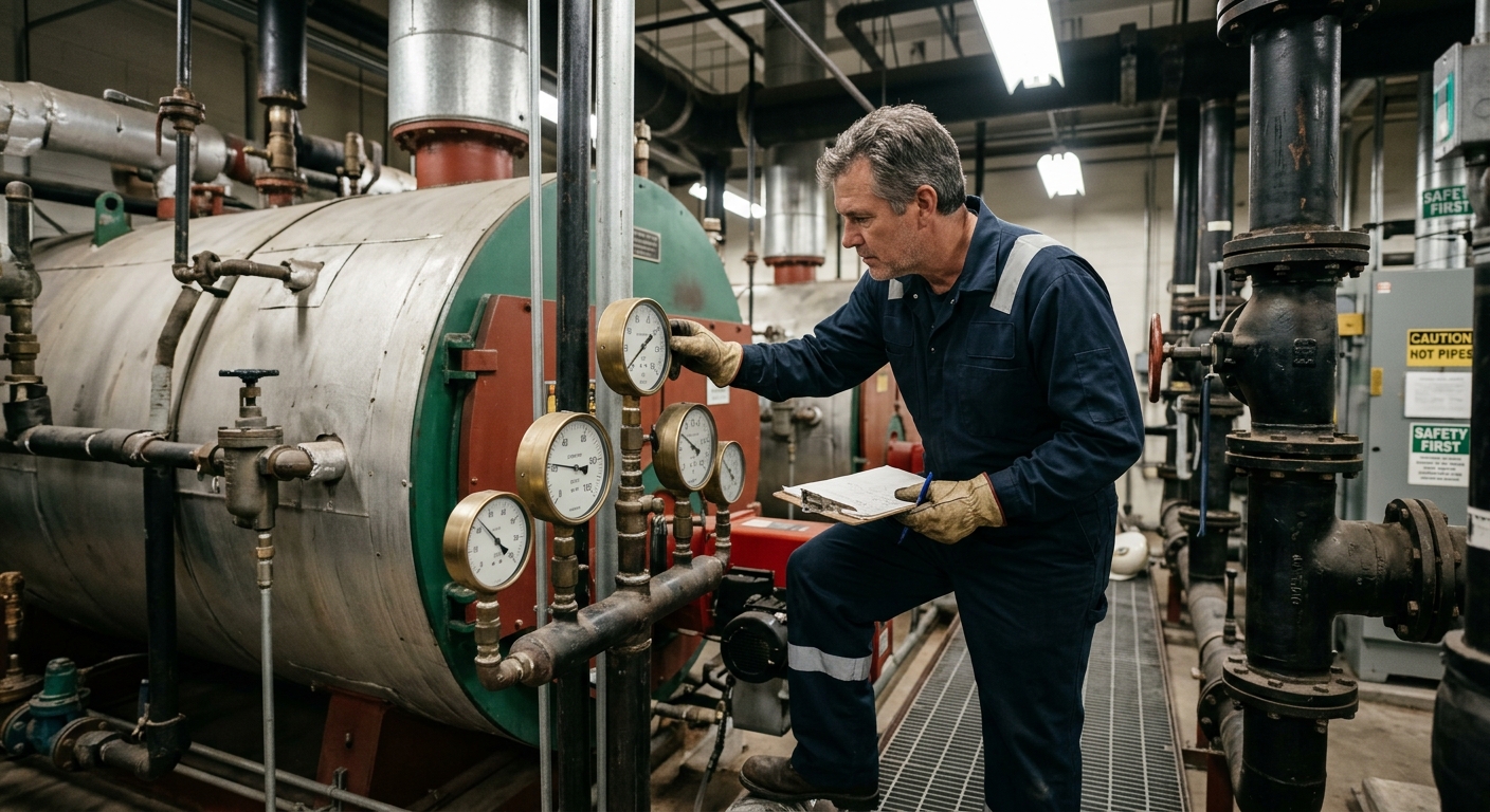 Technician inspecting boiler gauges and pipework in an industrial mechanical room